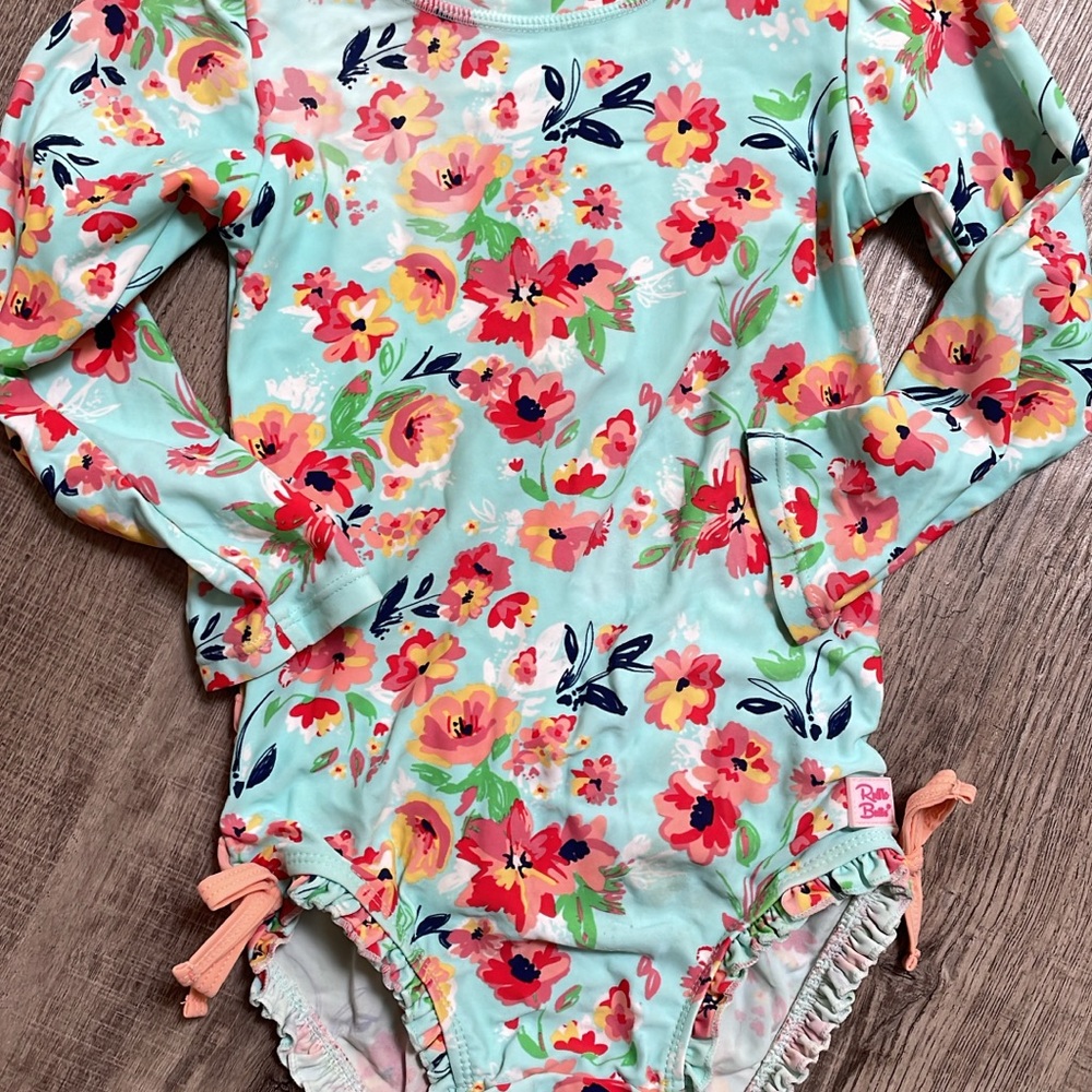 Ruffle Butts Floral Long Sleeve Swimsuit - Aqua and Pink